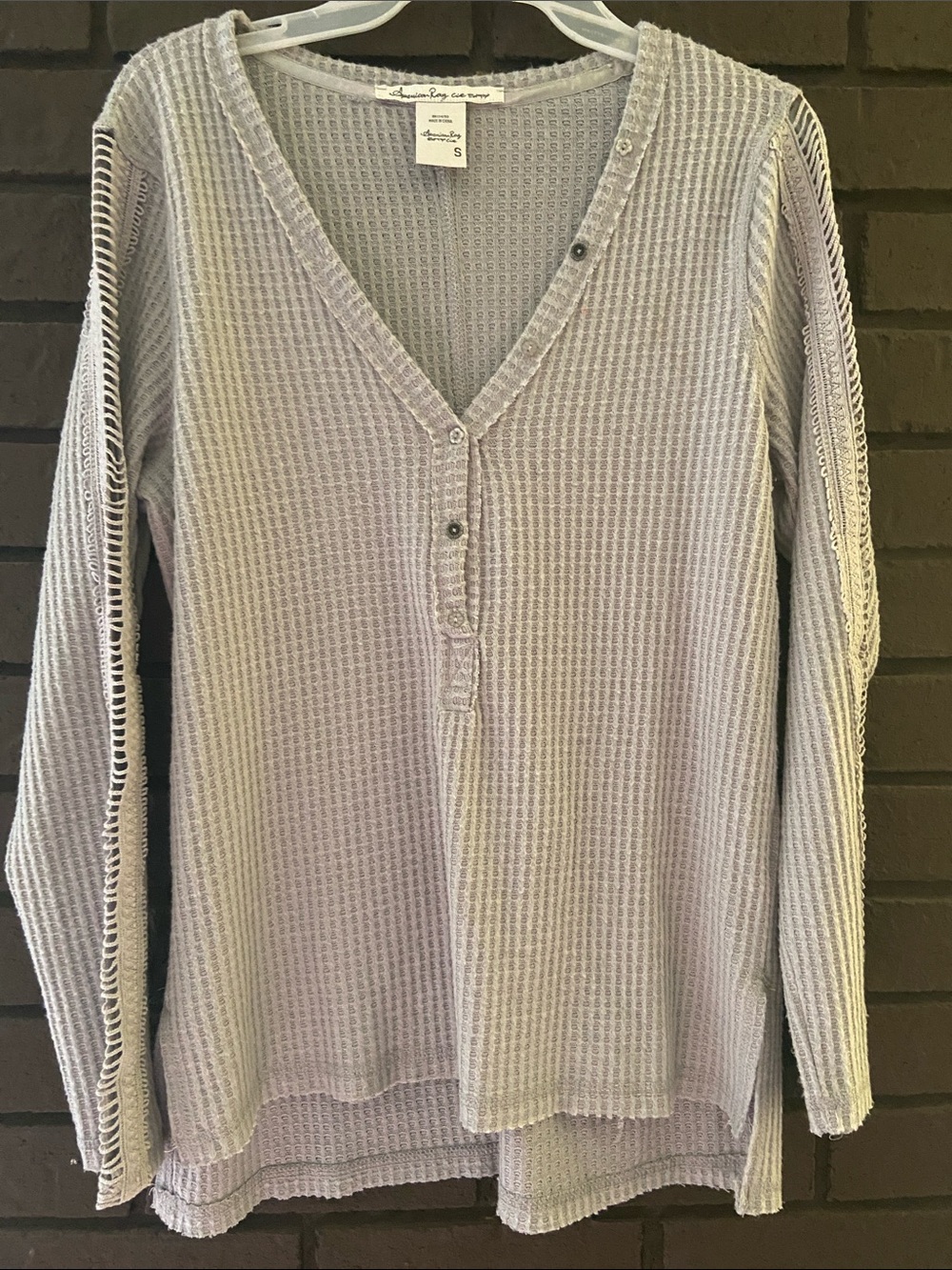 American Rag Womens Long Sleeve Waffle Knit Henley Top - Light Lavender